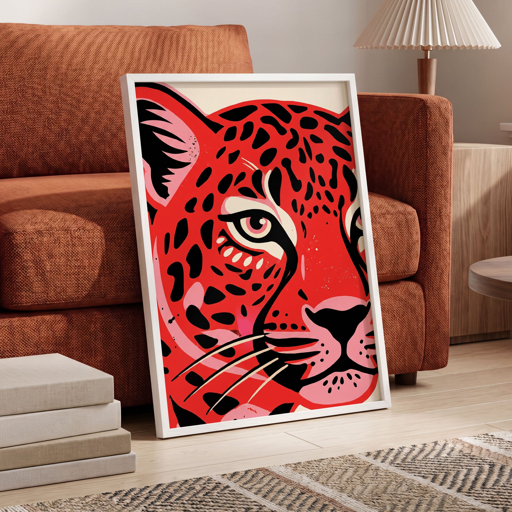 Scarlet Leopard Gaze, red, black, pink nature wall art displayed in a styled interior, gallery view 6