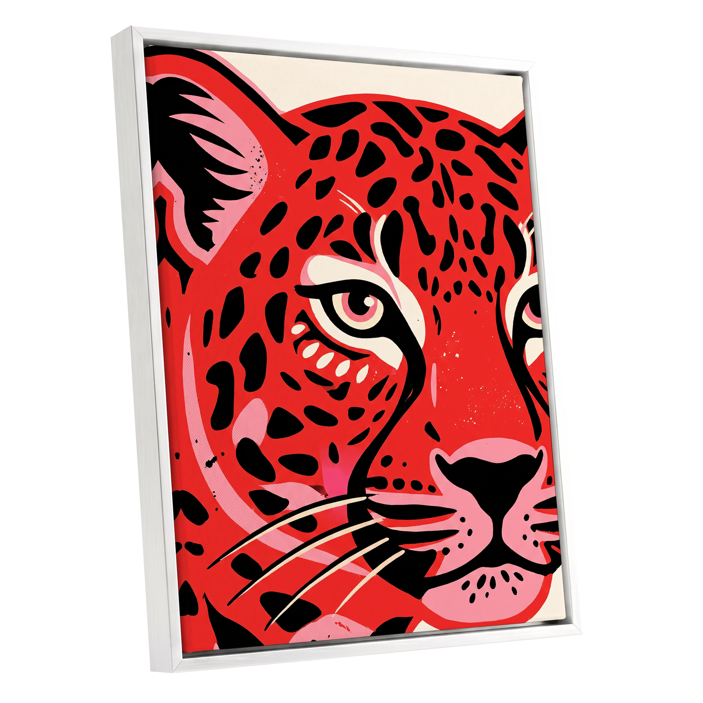 Scarlet Leopard Gaze, red, black, pink nature wall art shown as a white framed canvas wall art