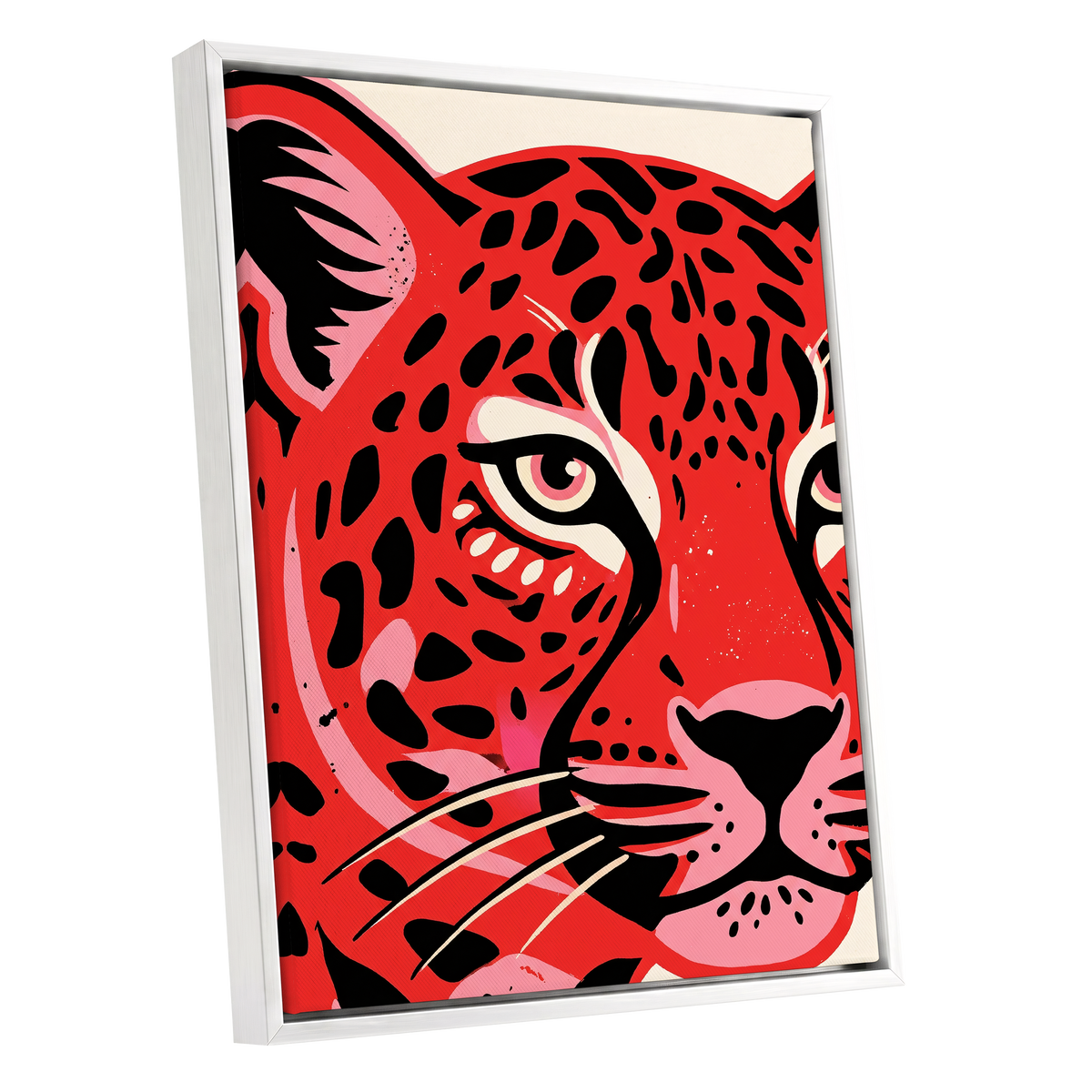 Scarlet Leopard Gaze, red, black, pink nature wall art shown as a white framed canvas wall art