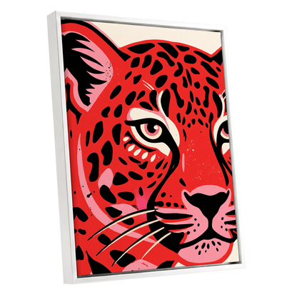 Scarlet Leopard Gaze, red, black, pink nature wall art shown as a white framed canvas wall art