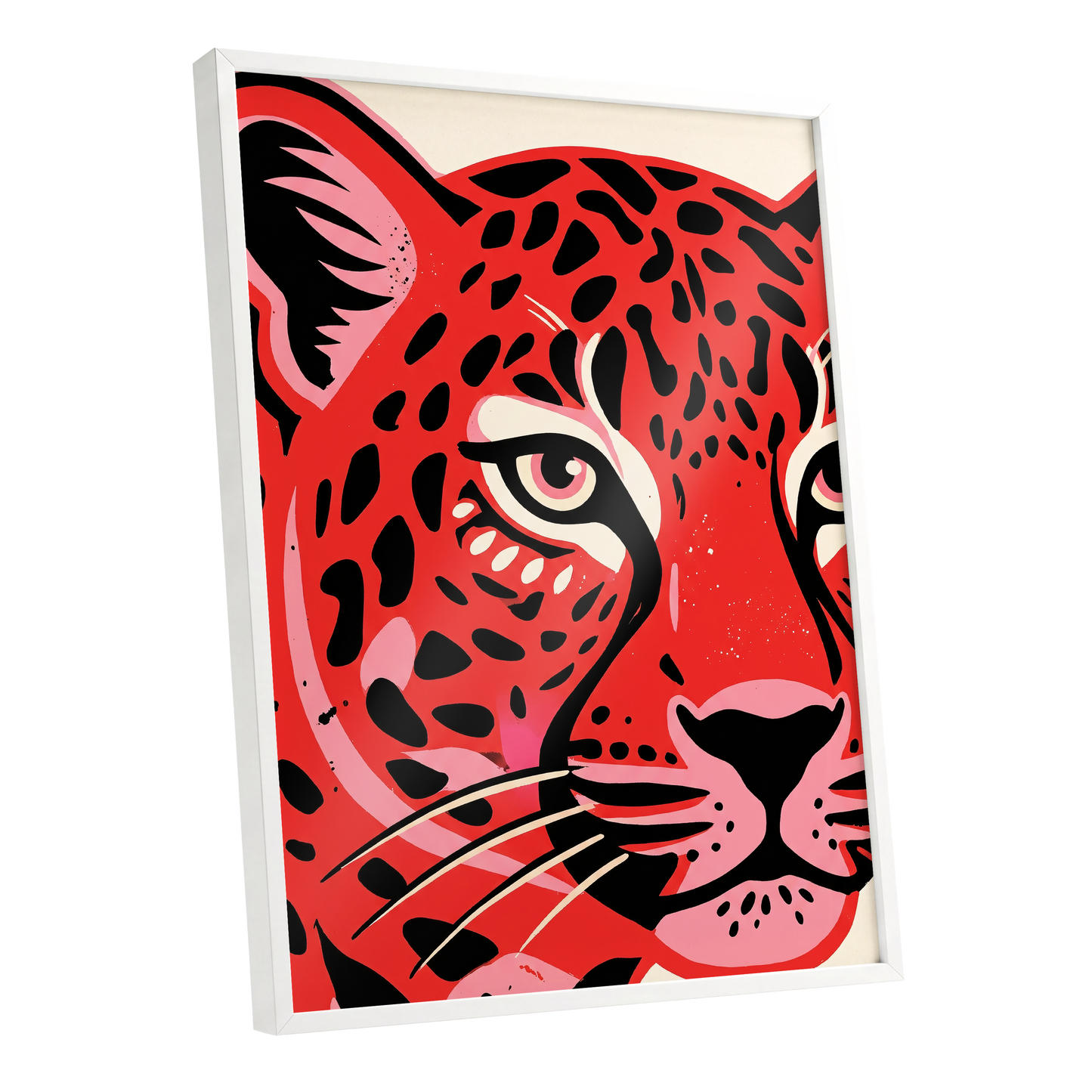 Scarlet Leopard Gaze, red, black, pink nature wall art shown as a white framed poster wall art print