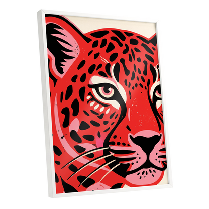 Scarlet Leopard Gaze, red, black, pink nature wall art shown as a white framed poster wall art print