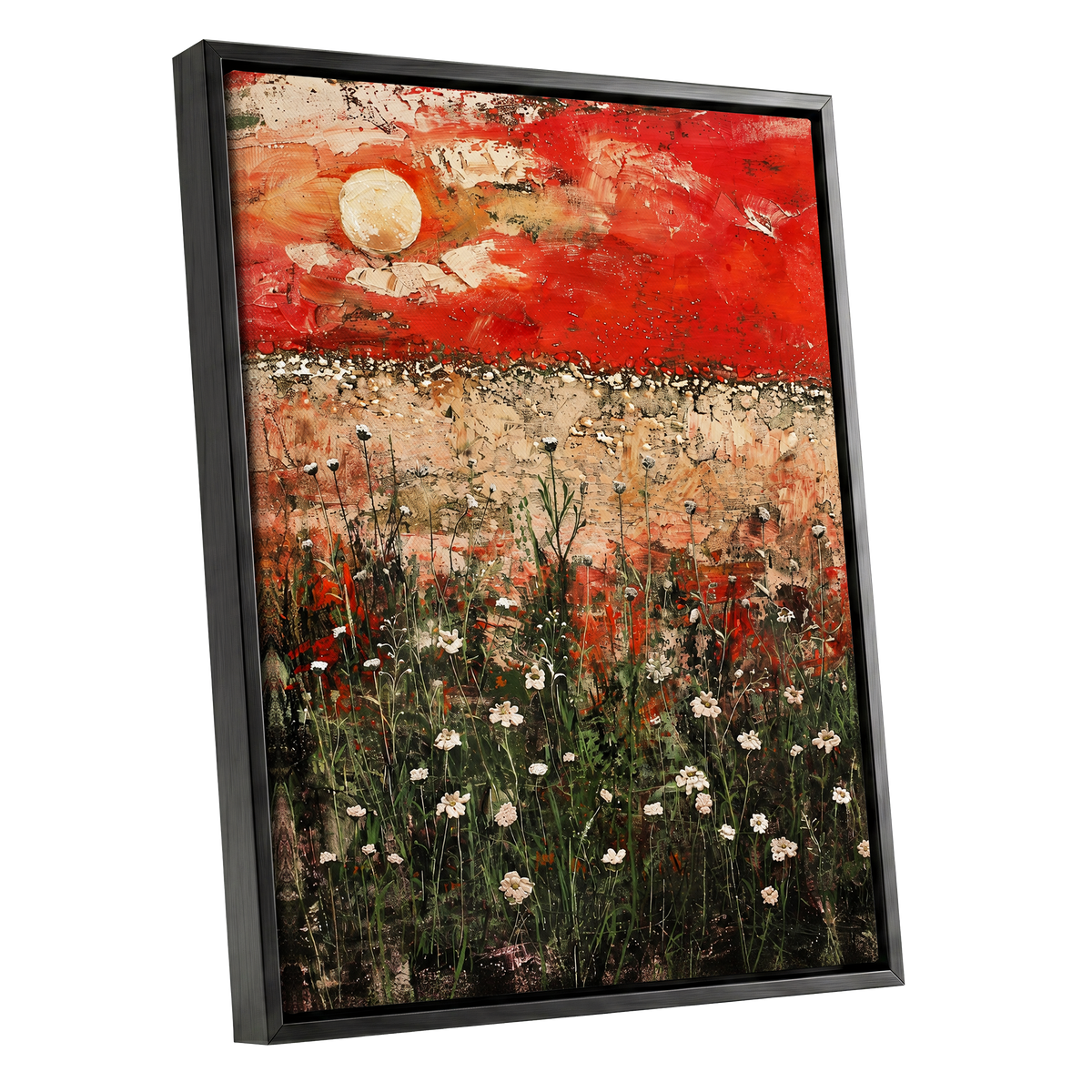 Scarlet Meadow Reverie, red, green, beige floral wall art shown as a black framed canvas wall art