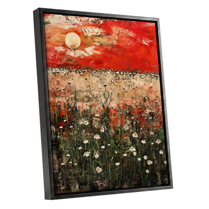 Scarlet Meadow Reverie, red, green, beige floral wall art shown as a black framed canvas wall art