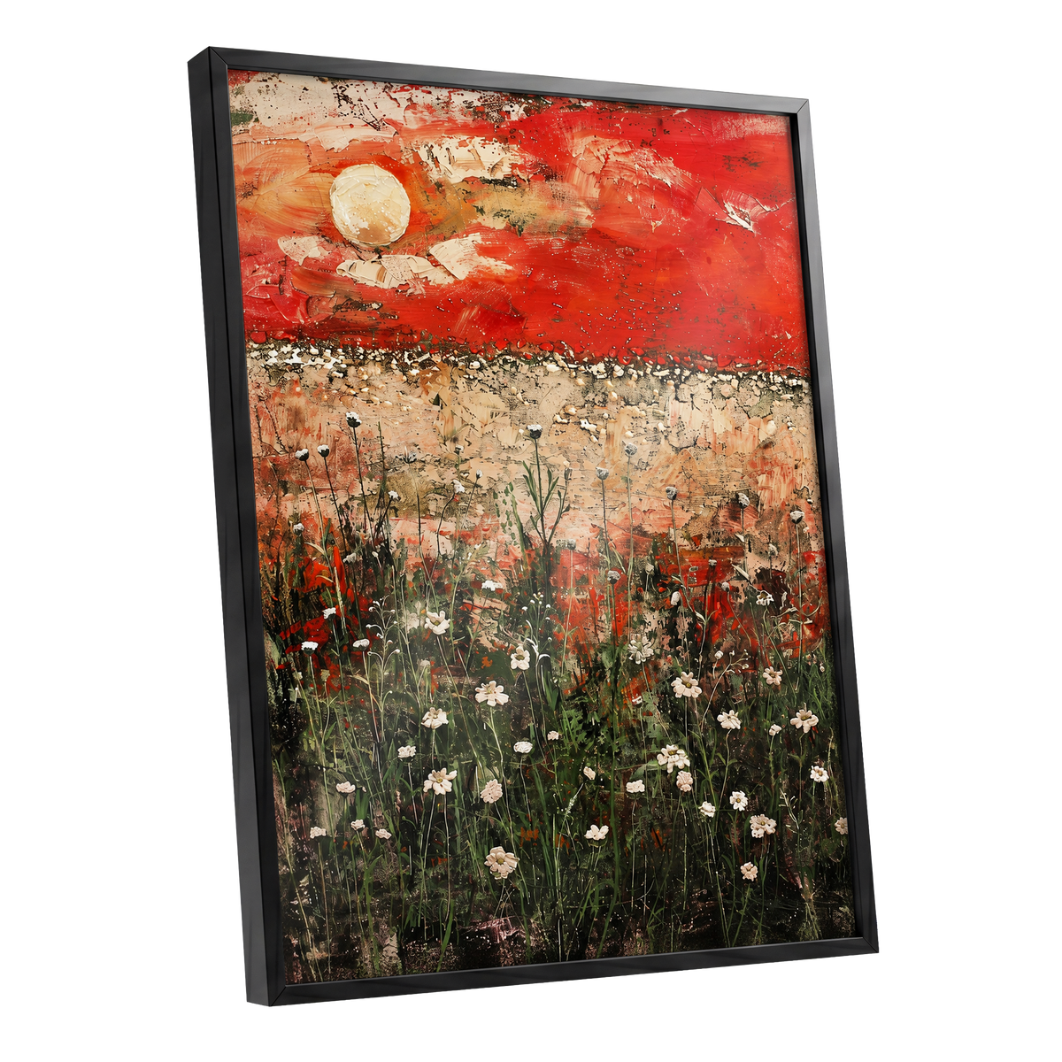 Scarlet Meadow Reverie, red, green, beige floral wall art shown as a black framed poster wall art print