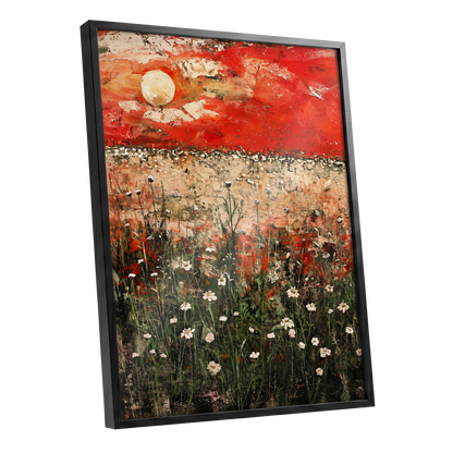 Scarlet Meadow Reverie, red, green, beige floral wall art shown as a black framed poster wall art print