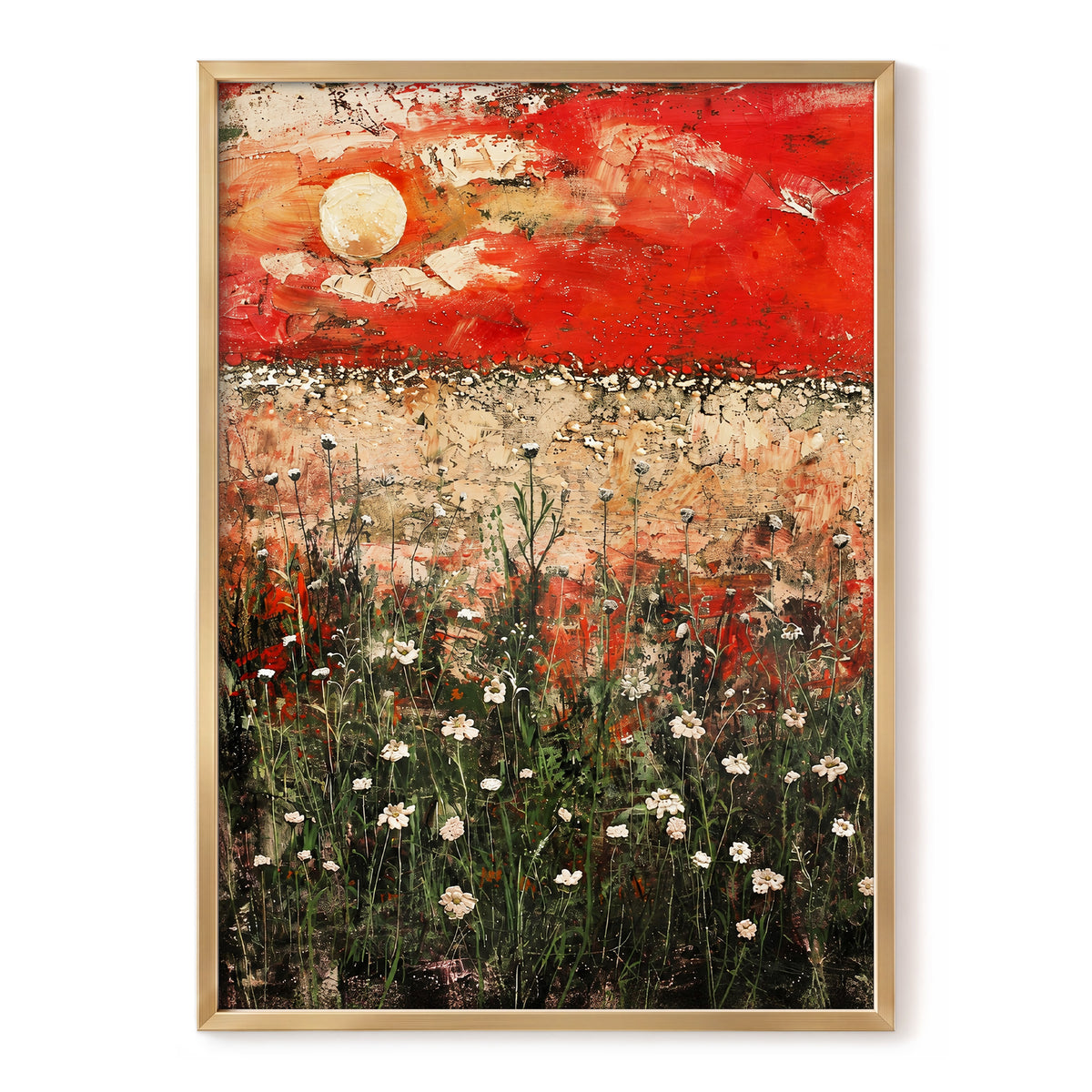 Scarlet Meadow Reverie, red, green, beige floral wall art, front artwork view