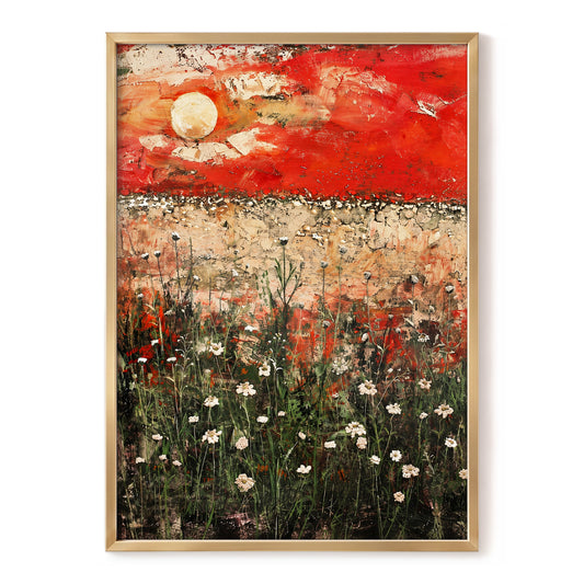 Scarlet Meadow Reverie, red, green, beige floral wall art, front artwork view