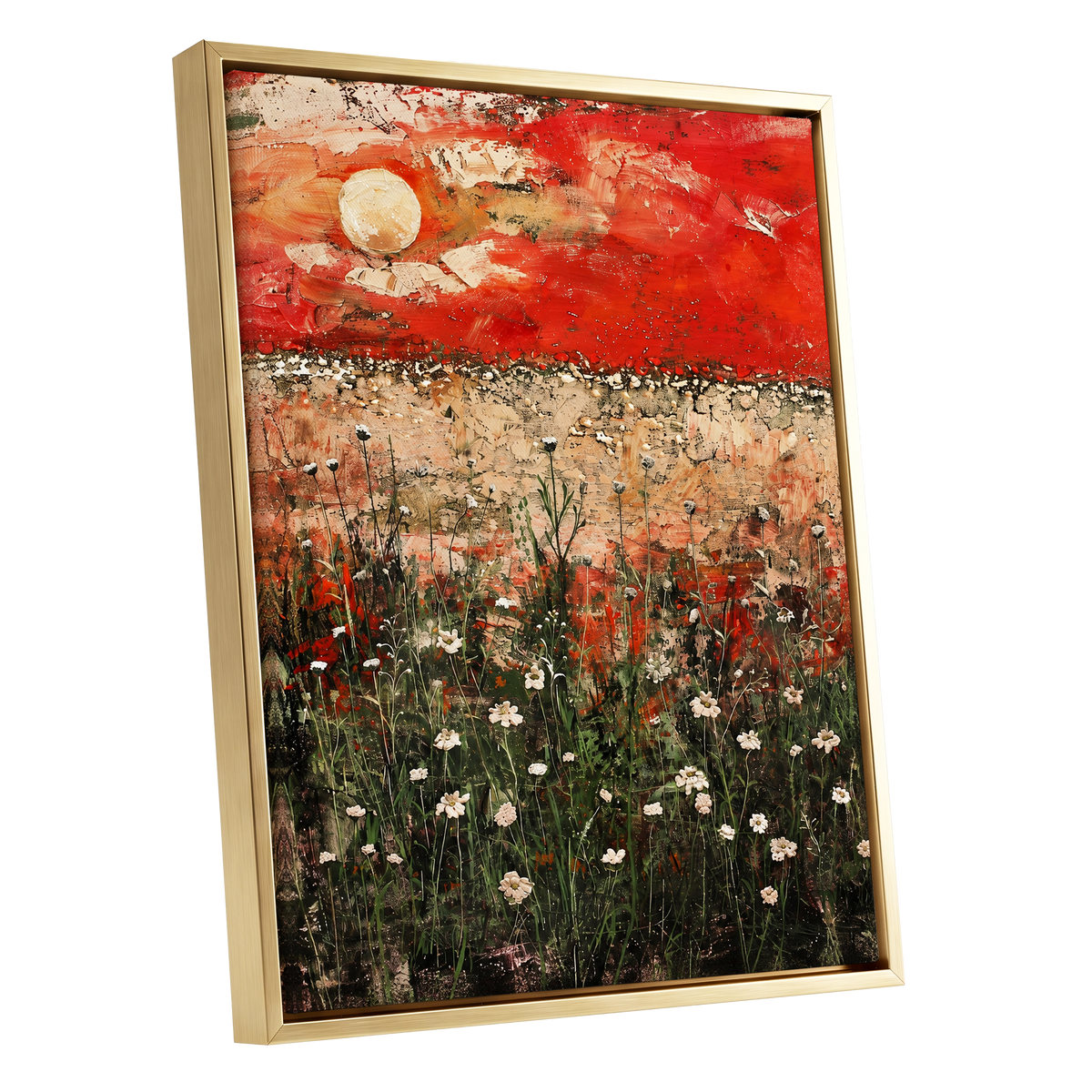 Scarlet Meadow Reverie, red, green, beige floral wall art shown as a gold framed canvas wall art