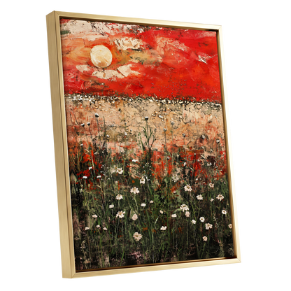 Scarlet Meadow Reverie, red, green, beige floral wall art shown as a gold framed canvas wall art