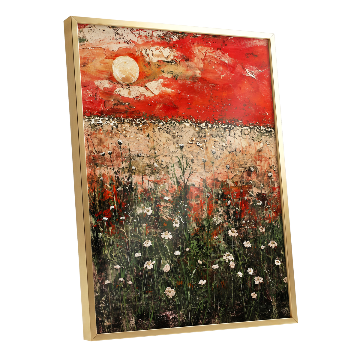 Scarlet Meadow Reverie, red, green, beige floral wall art shown as a gold framed poster wall art print
