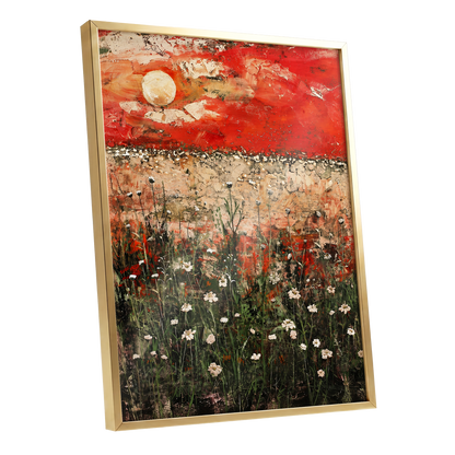 Scarlet Meadow Reverie, red, green, beige floral wall art shown as a gold framed poster wall art print