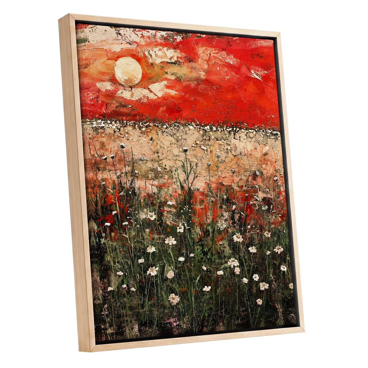 Scarlet Meadow Reverie, red, green, beige floral wall art shown as a oak framed canvas wall art