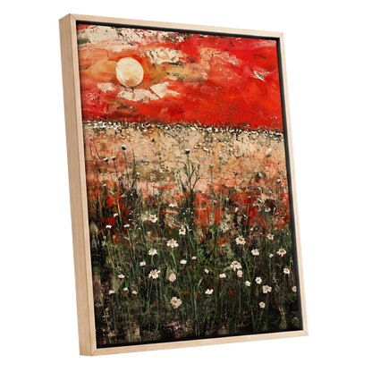 Scarlet Meadow Reverie, red, green, beige floral wall art shown as a oak framed canvas wall art