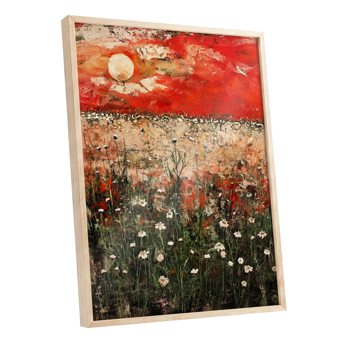Scarlet Meadow Reverie, red, green, beige floral wall art shown as a oak framed poster wall art print