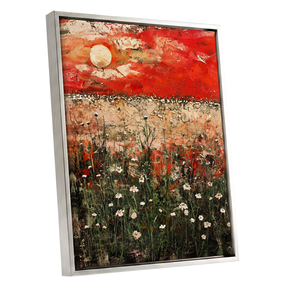 Scarlet Meadow Reverie, red, green, beige floral wall art shown as a silver framed canvas wall art