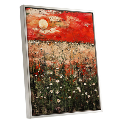 Scarlet Meadow Reverie, red, green, beige floral wall art shown as a silver framed canvas wall art