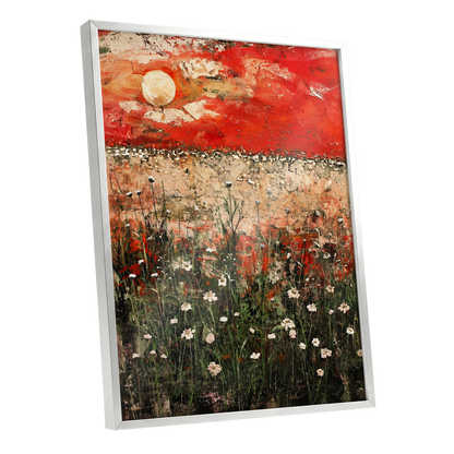 Scarlet Meadow Reverie, red, green, beige floral wall art shown as a silver framed poster wall art print