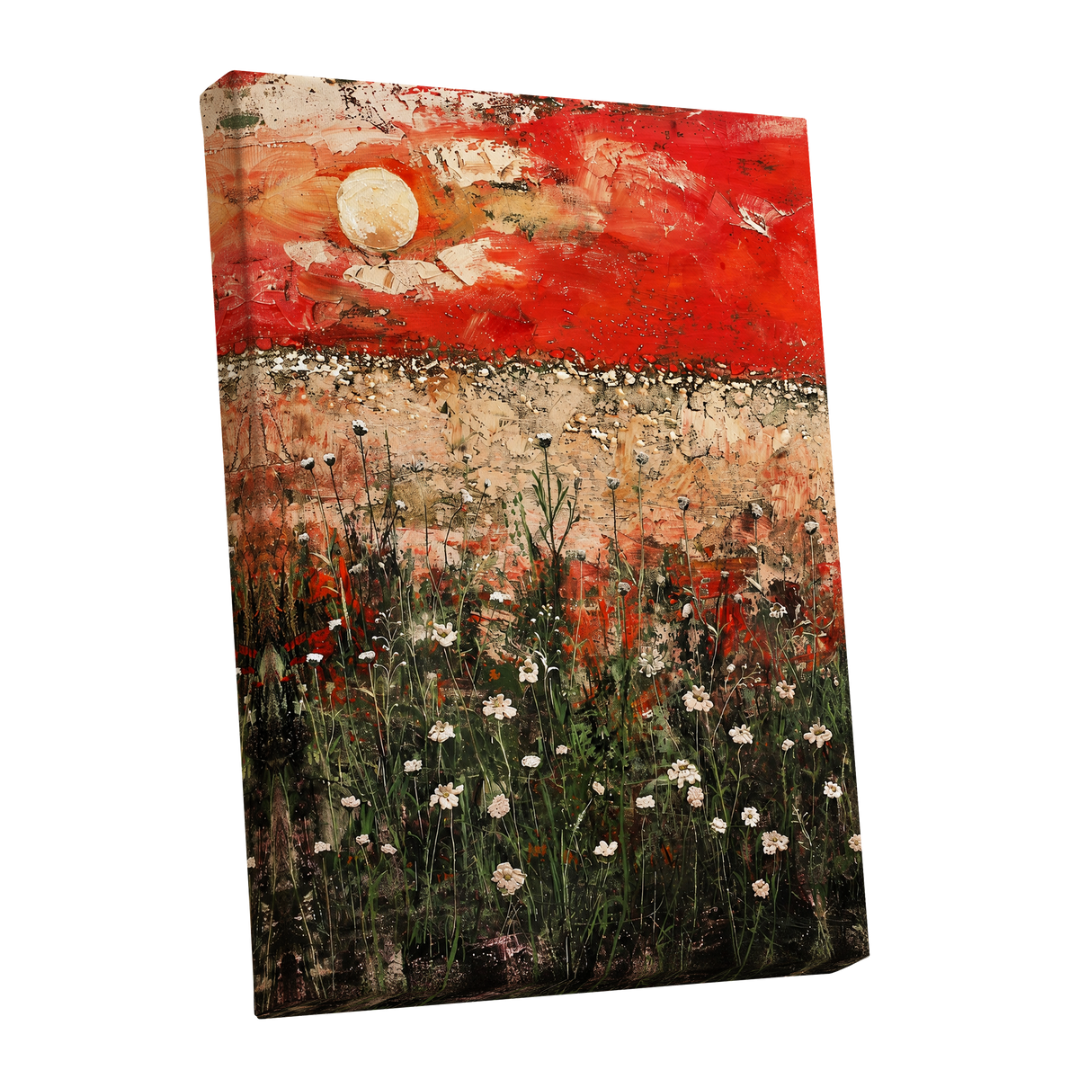 Scarlet Meadow Reverie, red, green, beige floral wall art shown as a stretched canvas wall art