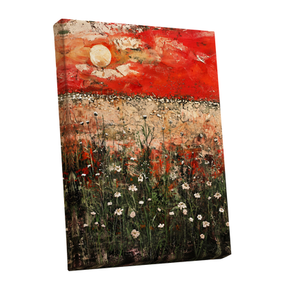 Scarlet Meadow Reverie, red, green, beige floral wall art shown as a stretched canvas wall art
