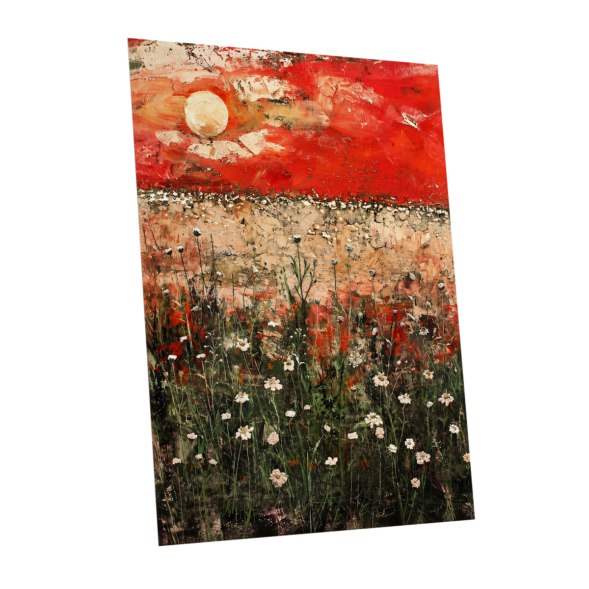 Scarlet Meadow Reverie, red, green, beige floral wall art shown as a unframed poster wall art print