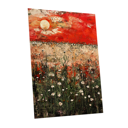 Scarlet Meadow Reverie, red, green, beige floral wall art shown as a unframed poster wall art print