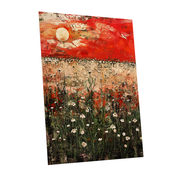 Scarlet Meadow Reverie, red, green, beige floral wall art shown as a unframed poster wall art print