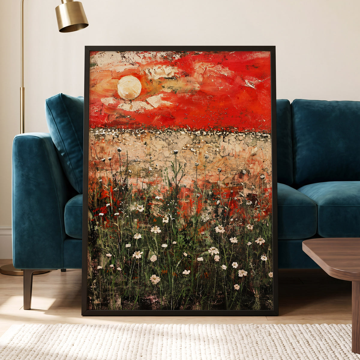 Scarlet Meadow Reverie, red, green, beige floral wall art displayed in a styled interior, gallery view 2