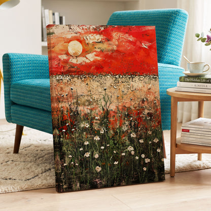 Scarlet Meadow Reverie, red, green, beige floral wall art displayed in a styled interior, gallery view 3