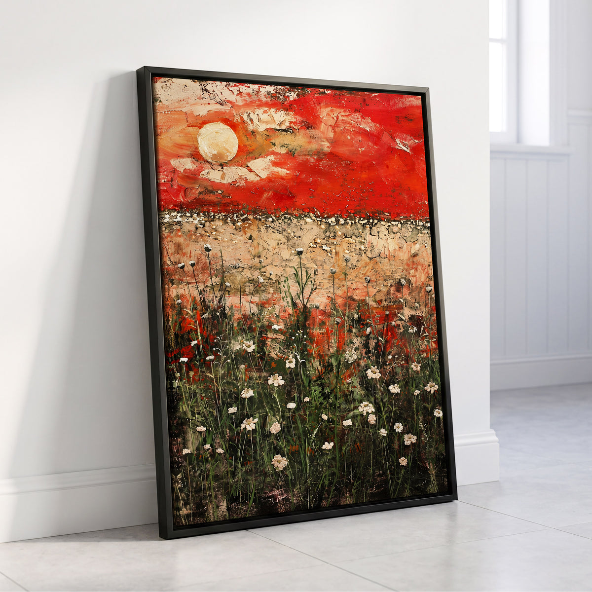 Scarlet Meadow Reverie, red, green, beige floral wall art displayed in a styled interior, gallery view 4