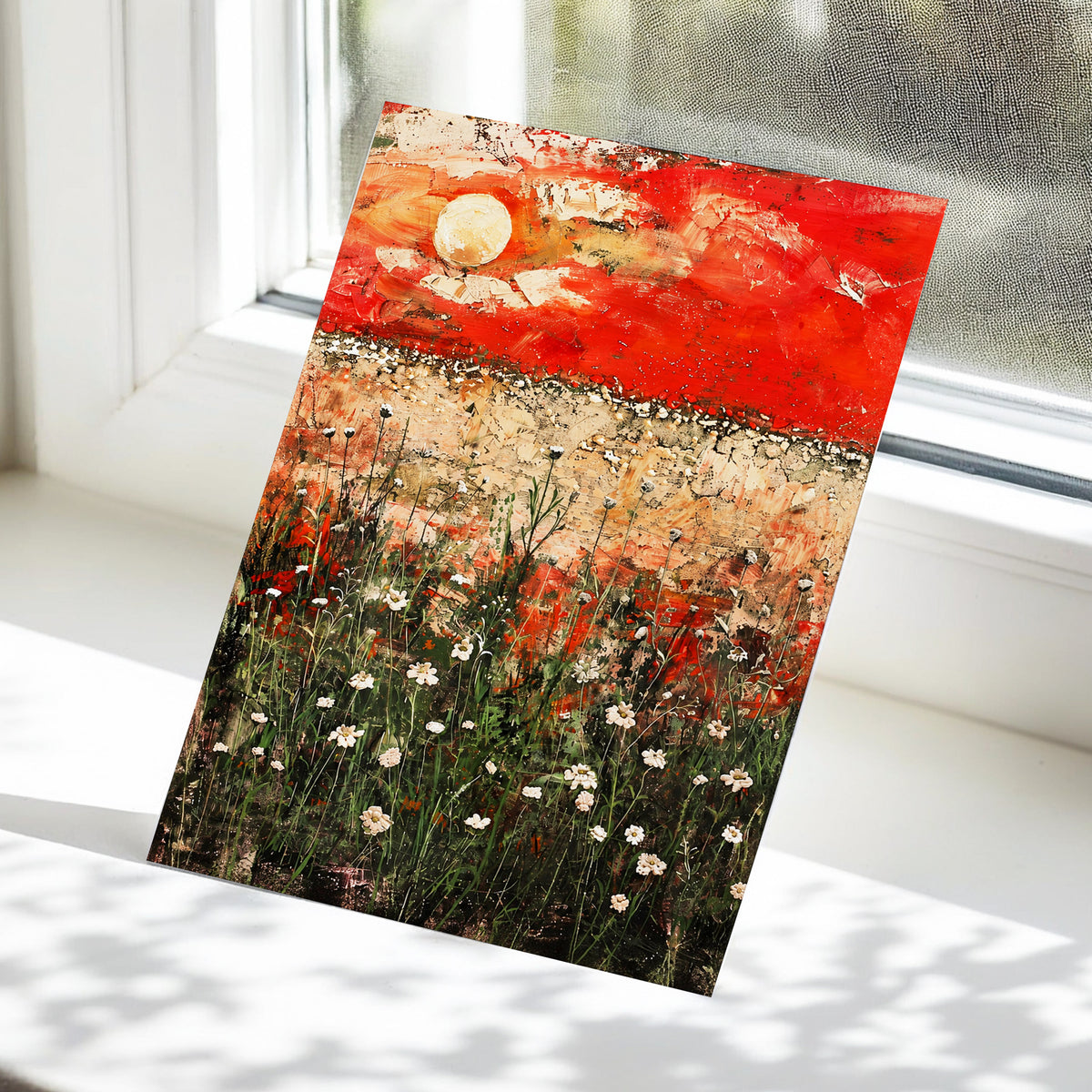 Scarlet Meadow Reverie, red, green, beige floral wall art displayed in a styled interior, gallery view 5