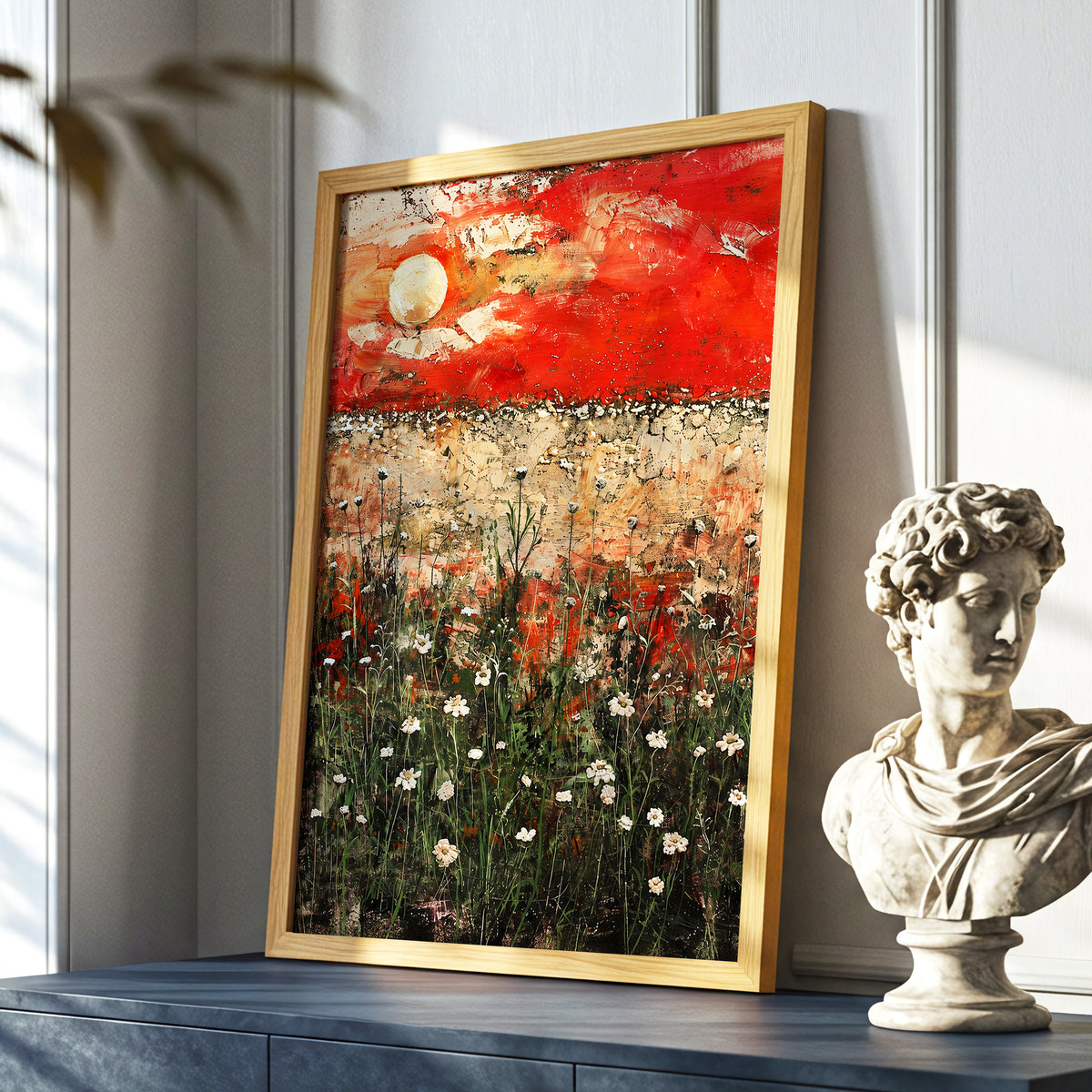 Scarlet Meadow Reverie, red, green, beige floral wall art displayed in a styled interior, gallery view 6