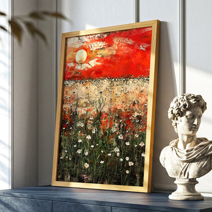 Scarlet Meadow Reverie, red, green, beige floral wall art displayed in a styled interior, gallery view 6