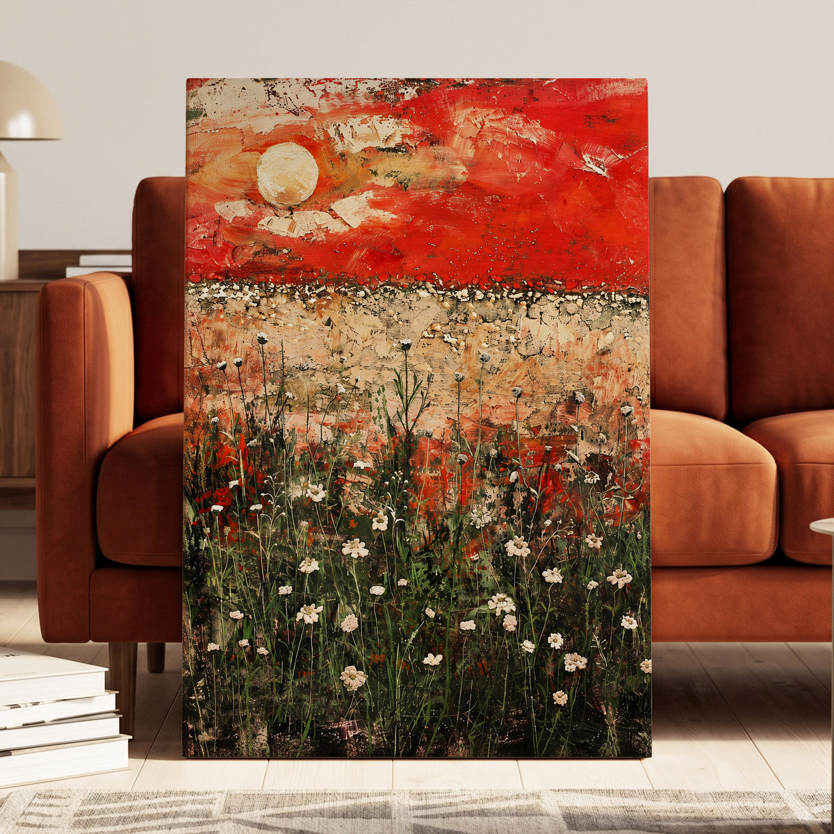 Scarlet Meadow Reverie, red, green, beige floral wall art displayed in a styled interior, gallery view 7