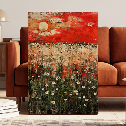 Scarlet Meadow Reverie, red, green, beige floral wall art displayed in a styled interior, gallery view 7