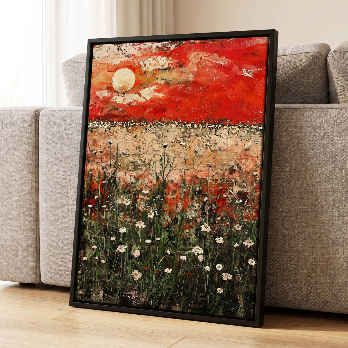 Scarlet Meadow Reverie, red, green, beige floral wall art displayed in a styled interior, gallery view 8
