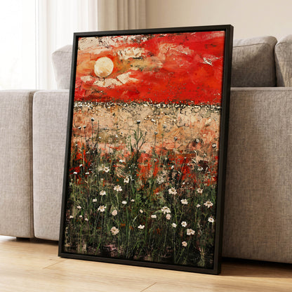 Scarlet Meadow Reverie, red, green, beige floral wall art displayed in a styled interior, gallery view 8