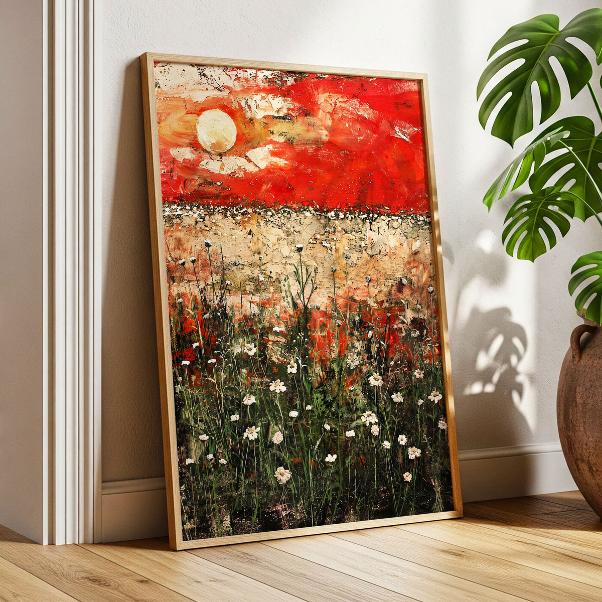 Scarlet Meadow Reverie, red, green, beige floral wall art displayed in a styled interior, gallery view 9