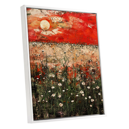 Scarlet Meadow Reverie, red, green, beige floral wall art shown as a white framed canvas wall art