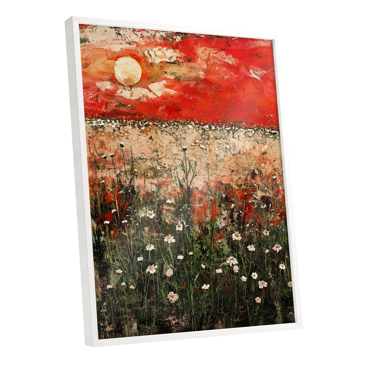 Scarlet Meadow Reverie, red, green, beige floral wall art shown as a white framed poster wall art print