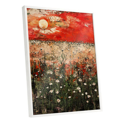 Scarlet Meadow Reverie, red, green, beige floral wall art shown as a white framed poster wall art print
