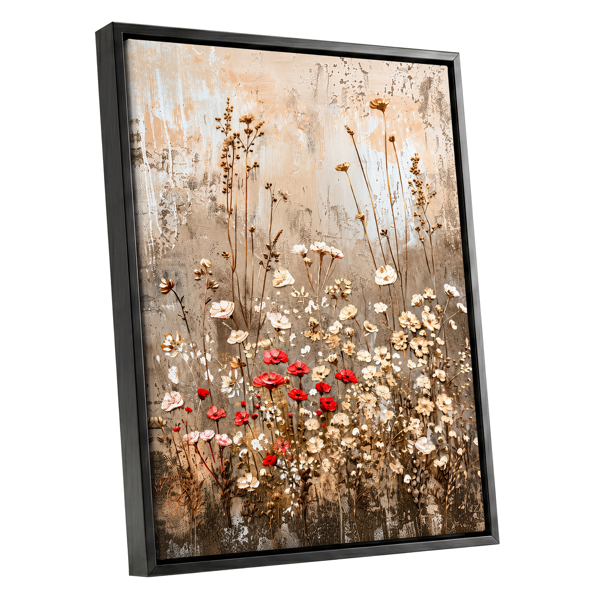 Scarlet Meadow Tapestry, beige, white, brown floral wall art shown as a black framed canvas wall art