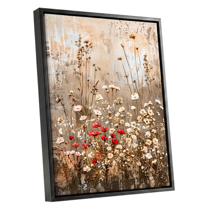 Scarlet Meadow Tapestry, beige, white, brown floral wall art shown as a black framed canvas wall art