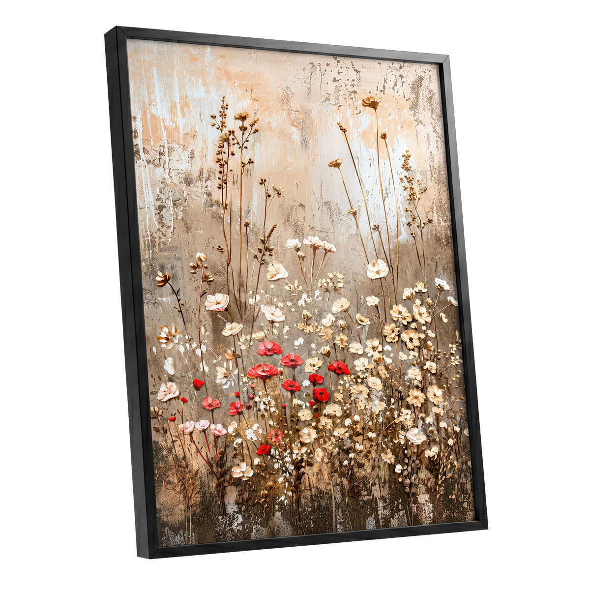 Scarlet Meadow Tapestry, beige, white, brown floral wall art shown as a black framed poster wall art print