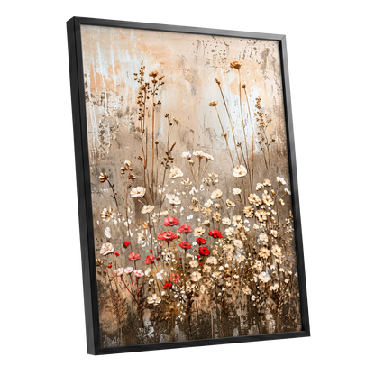 Scarlet Meadow Tapestry, beige, white, brown floral wall art shown as a black framed poster wall art print