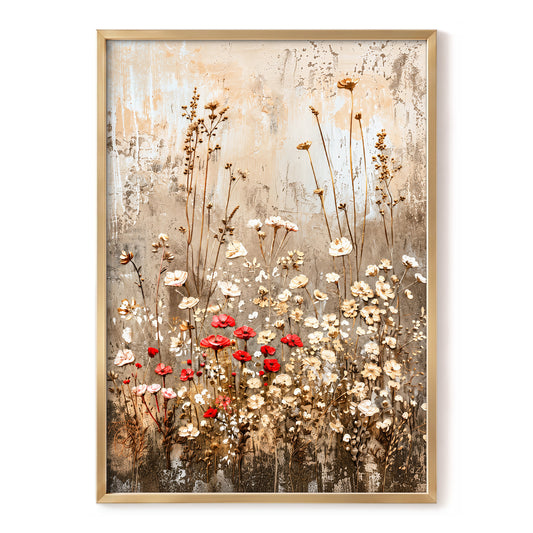Scarlet Meadow Tapestry, beige, white, brown floral wall art, front artwork view