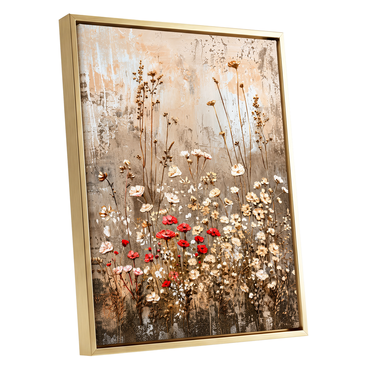 Scarlet Meadow Tapestry, beige, white, brown floral wall art shown as a gold framed canvas wall art