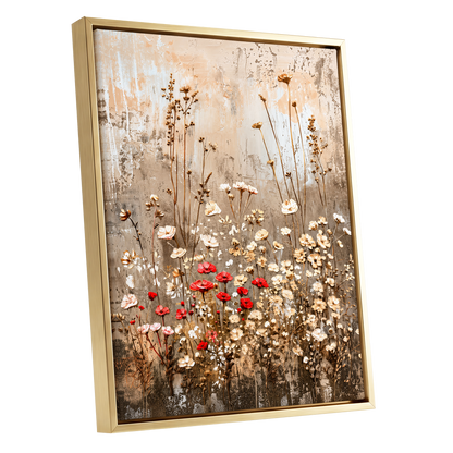 Scarlet Meadow Tapestry, beige, white, brown floral wall art shown as a gold framed canvas wall art