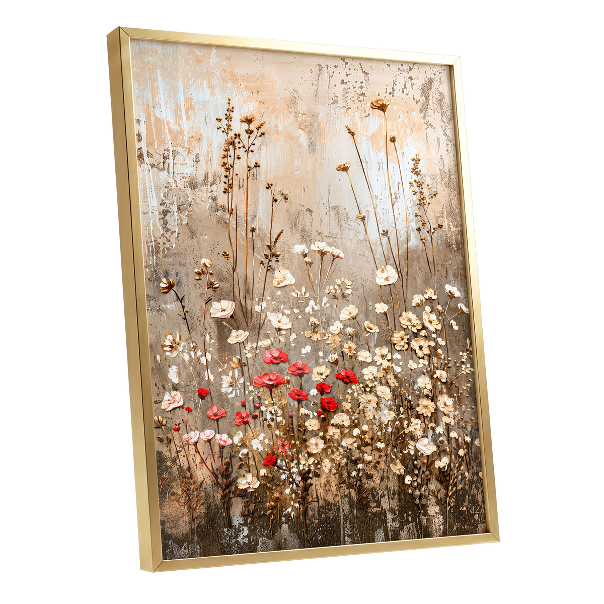 Scarlet Meadow Tapestry, beige, white, brown floral wall art shown as a gold framed poster wall art print