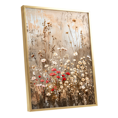 Scarlet Meadow Tapestry, beige, white, brown floral wall art shown as a gold framed poster wall art print